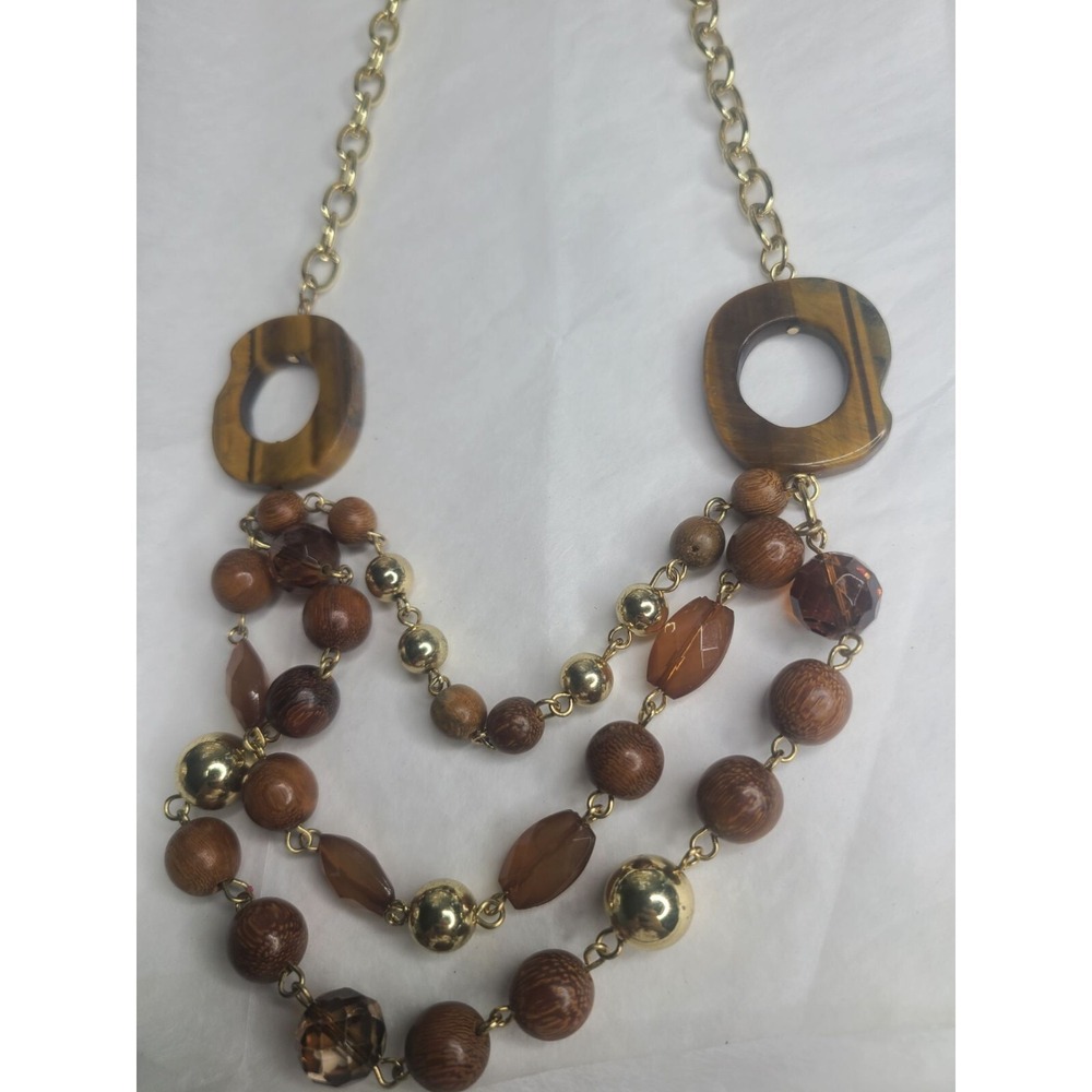 Boho Chic Triple Layered Tigers Eye and Wood Beaded Necklace  Gold Tone Accents